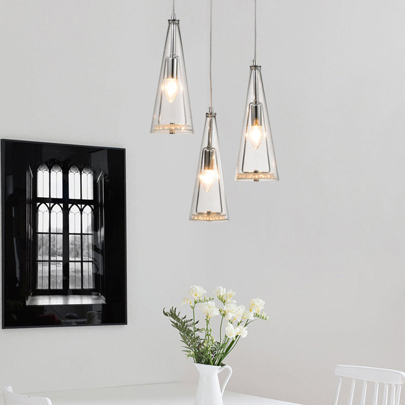Modern Cone Pendant Lamp Blue/Amber/Clear Glass 3 Lights Hanging Ceiling Light in Chrome with Round/Linear Canopy