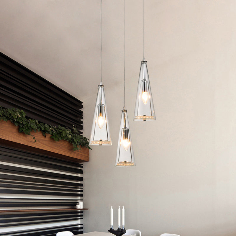 Modern Cone Pendant Lamp Blue/Amber/Clear Glass 3 Lights Hanging Ceiling Light in Chrome with Round/Linear Canopy
