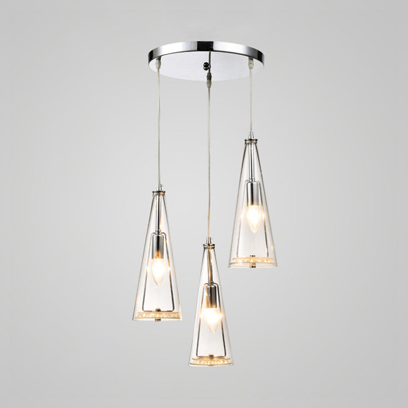 Modern Cone Pendant Lamp Blue/Amber/Clear Glass 3 Lights Hanging Ceiling Light in Chrome with Round/Linear Canopy