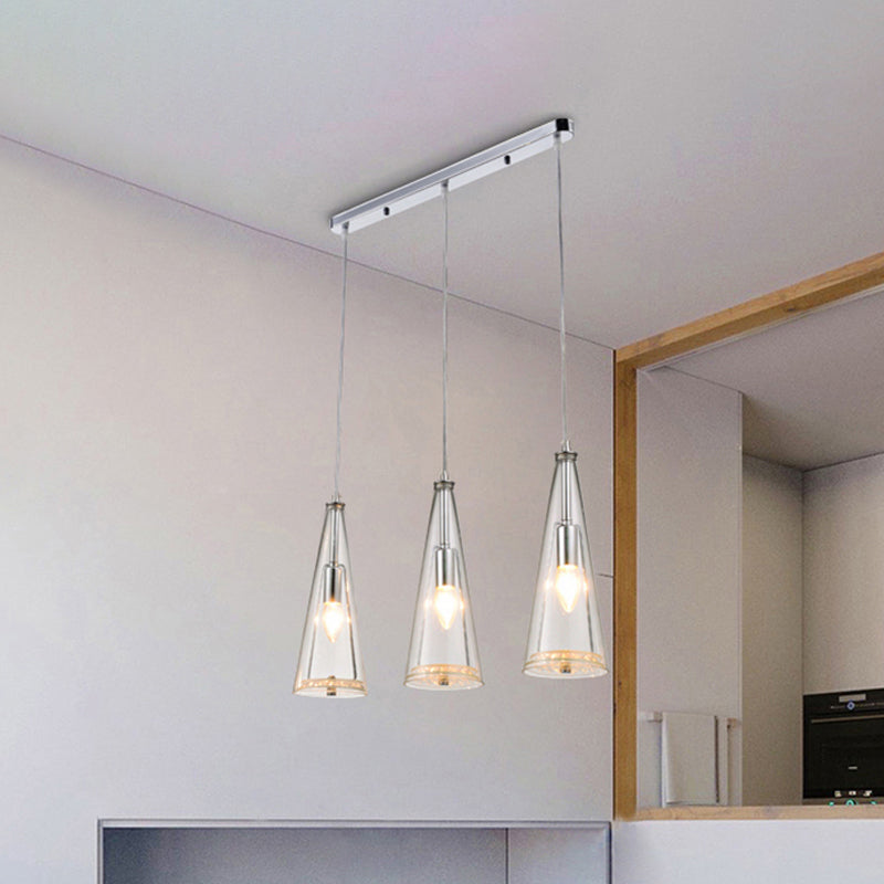 Modern Cone Pendant Lamp Blue/Amber/Clear Glass 3 Lights Hanging Ceiling Light in Chrome with Round/Linear Canopy