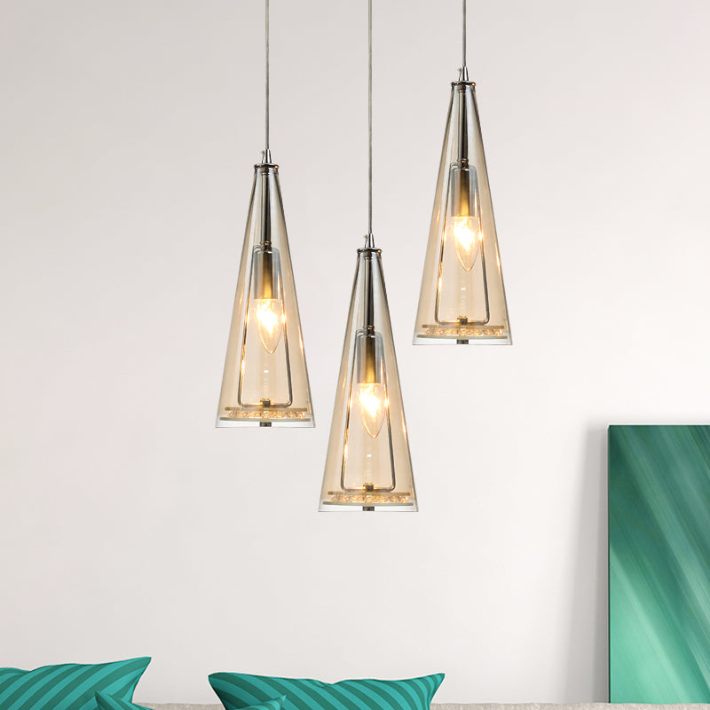 Modern Cone Pendant Lamp Blue/Amber/Clear Glass 3 Lights Hanging Ceiling Light in Chrome with Round/Linear Canopy