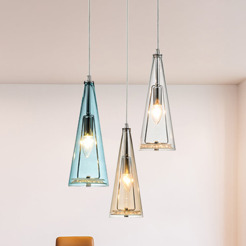 Modern Cone Pendant Lamp Blue/Amber/Clear Glass 3 Lights Hanging Ceiling Light in Chrome with Round/Linear Canopy
