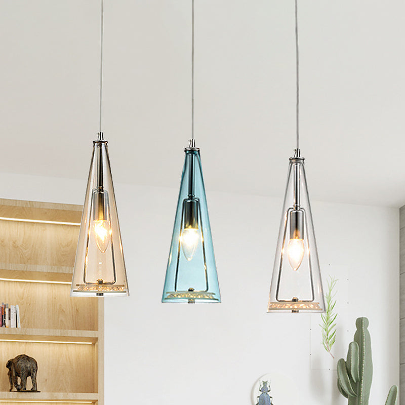 Modern Cone Pendant Lamp Blue/Amber/Clear Glass 3 Lights Hanging Ceiling Light in Chrome with Round/Linear Canopy