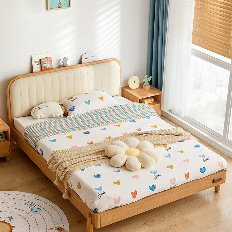 Scandinavian Standard Bed Wood Frame Bed with Upholstered Headboard