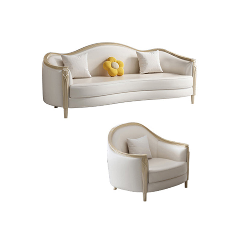 Glam Solid Wood White Genuine Leather Sofa with Pillows for Living Room