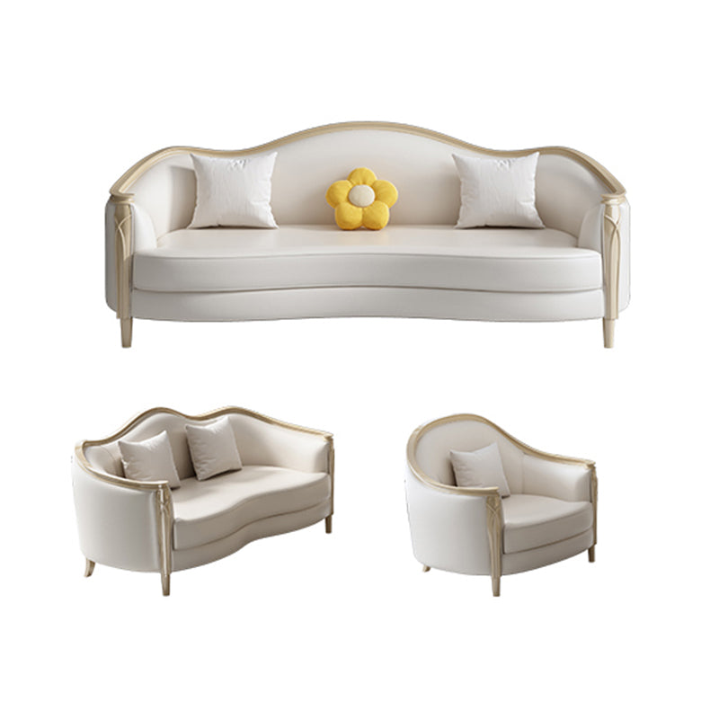 Glam Solid Wood White Genuine Leather Sofa with Pillows for Living Room