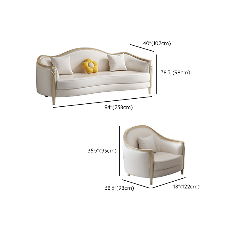 Glam Solid Wood White Genuine Leather Sofa with Pillows for Living Room