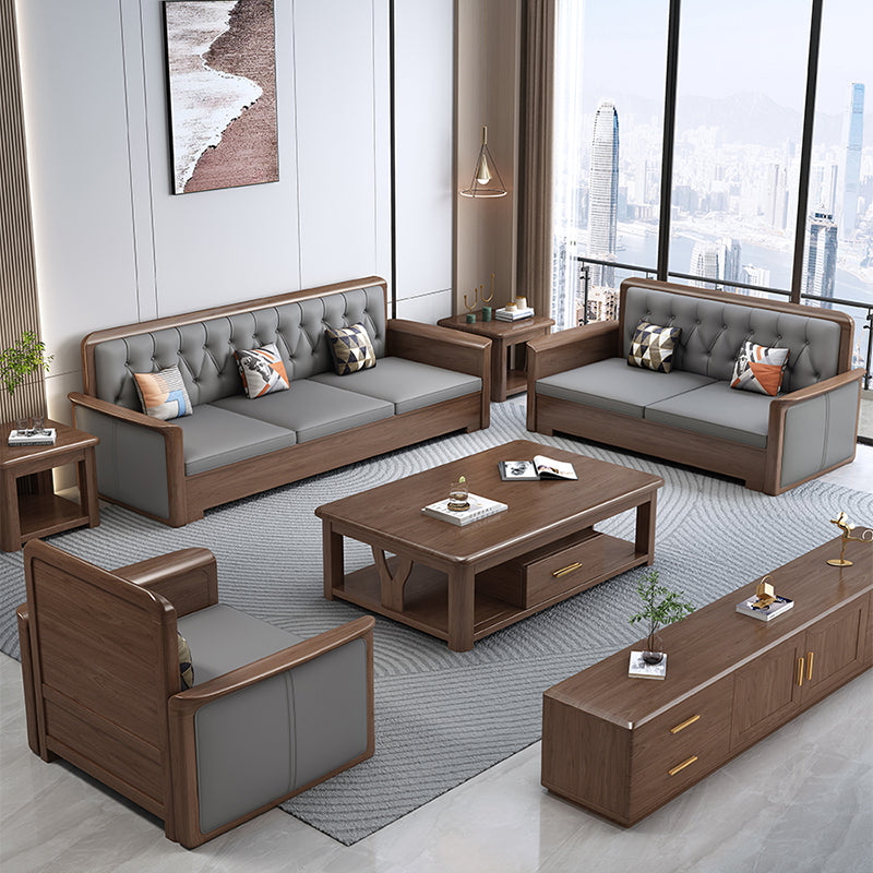 Modern Solid Wood Faux Leather Square Arm Sofa with Tufted Back