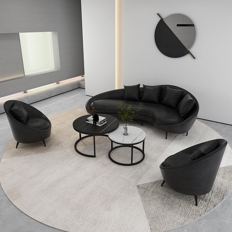 Contemporary Faux Leather Sloped Arm Sofa in Black For Living Room