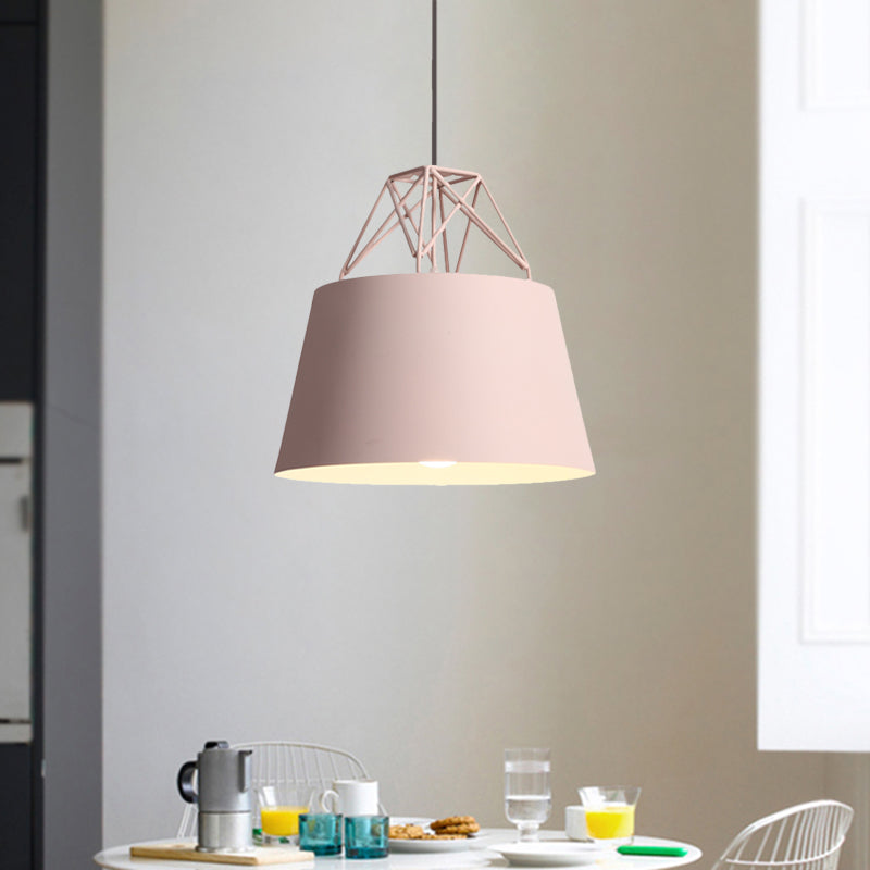 Metallic Backet Shade Pendant Light Restaurant Cage 1 Head Macaron Style Sanging Lamping with Iron Wire