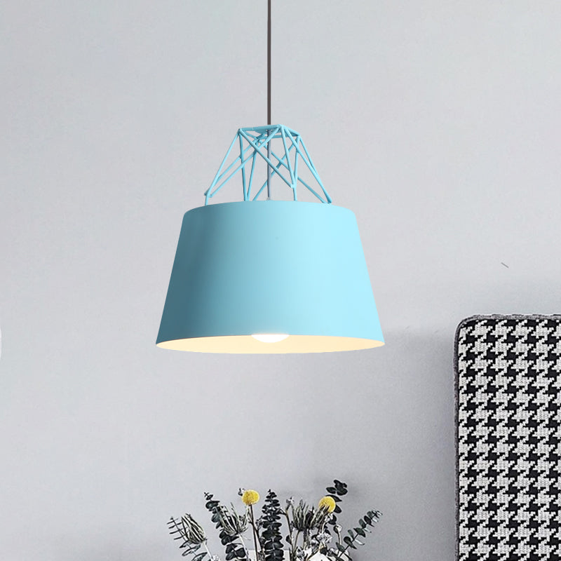 Metallic Backet Shade Pendant Light Restaurant Cage 1 Head Macaron Style Sanging Lamping with Iron Wire