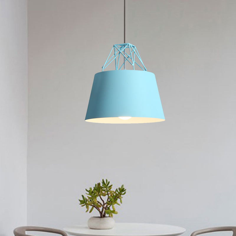 Metallic Backet Shade Pendant Light Restaurant Cage 1 Head Macaron Style Sanging Lamping with Iron Wire
