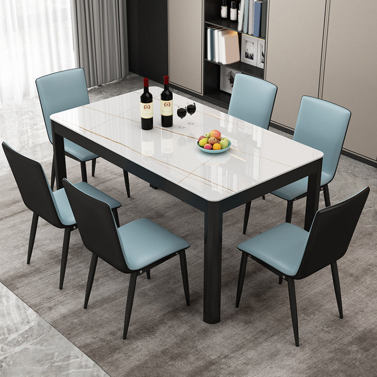 Rectangular Dining Table Modern Glass Tabletop with Black Steel Legs
