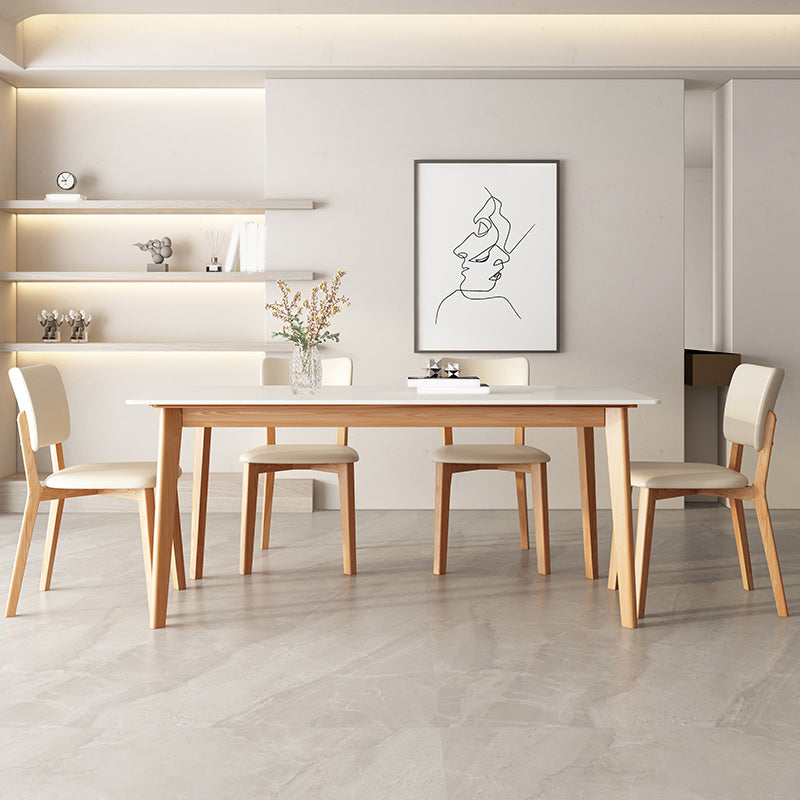 Modern Rectangular Stone Top Dining Table with 4 Natural Beech Base