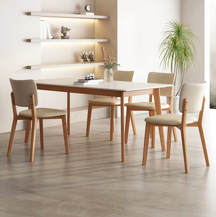 Modern Rectangular Stone Top Dining Table with 4 Natural Beech Base