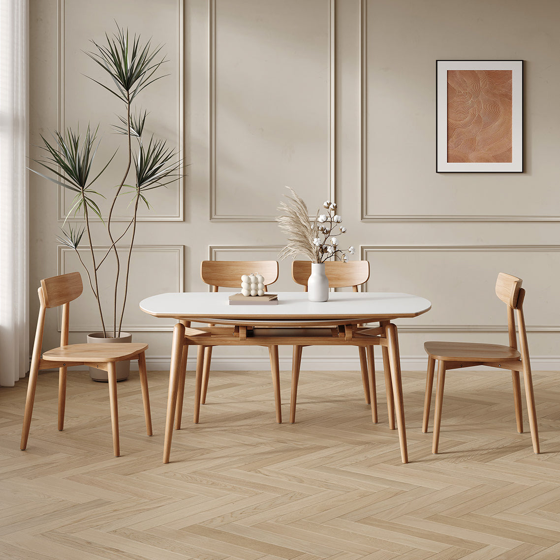 Modern White Stone Top Dining Table Extendable for Small Spaces