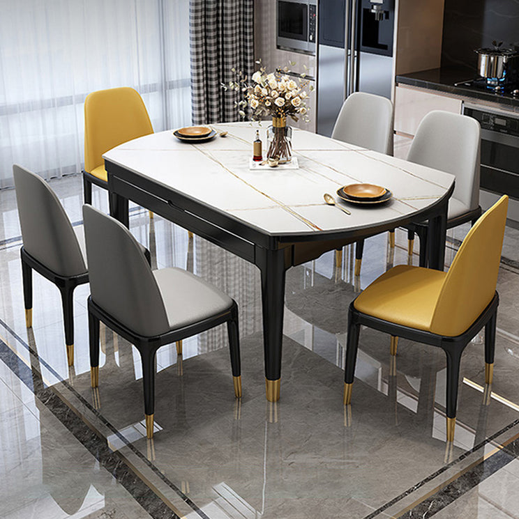 Contemporary Extendable Stone Dining Table with Wood Base and Double Drop Leaf