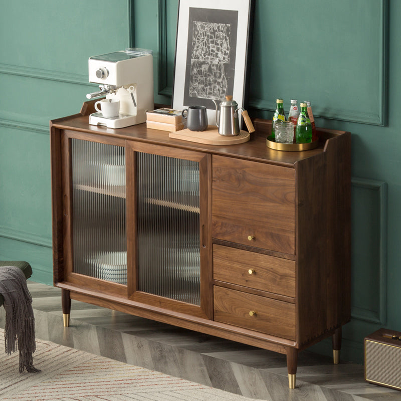 Modern Glass Doors Solid Wood Sideboard Cabinet with Cabinets and Drawers