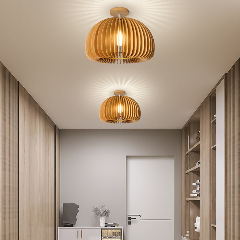 Modern Ceiling Light 1-Light Ceiling Mount Light with Wooden Shade for Bedroom