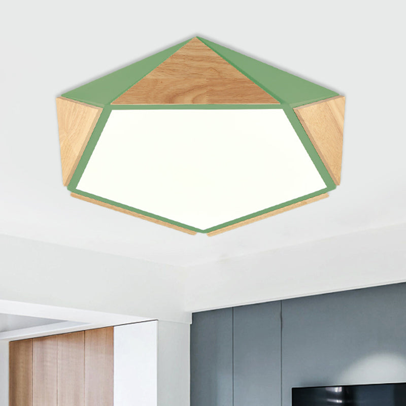 Flat Pentagon Ceiling Mount Light Macaron Stylish Wood LED Flush Light for Kids Bedroom