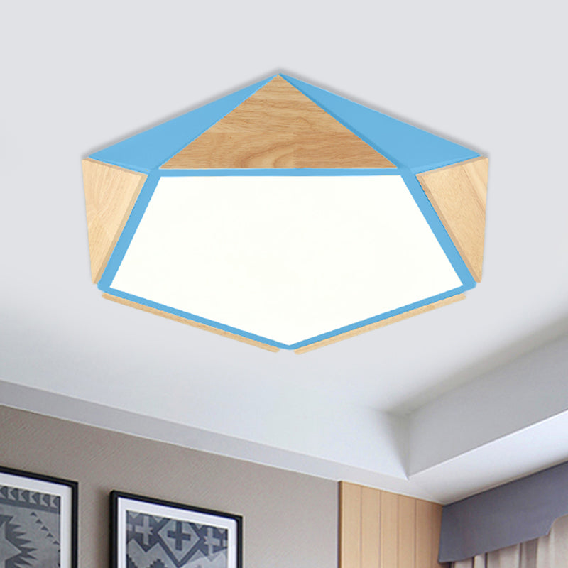 Flat Pentagon Ceiling Mount Light Macaron Stylish Wood LED Flush Light for Kids Bedroom
