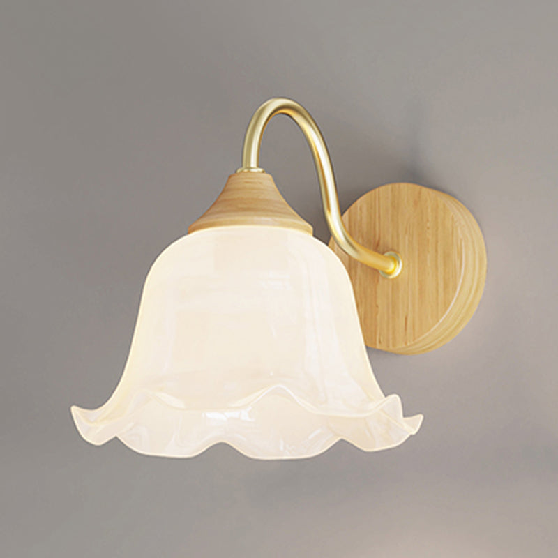 Modern Wall Mount Lamp 1-Light Wooden with Glass Shade for Living Room