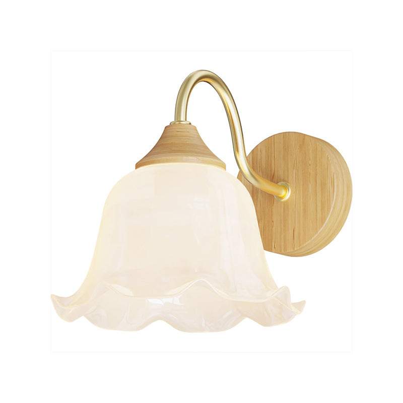 Modern Wall Mount Lamp 1-Light Wooden with Glass Shade for Living Room