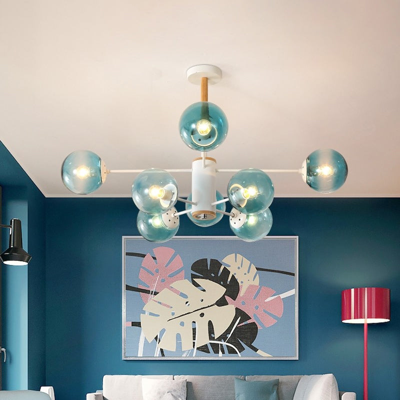 Weiß/blau/bernsteinglas kugelförmiger Schatten Anhänger Kronleuchter Post moderne 6/8/9 helle weiße Hanglampe