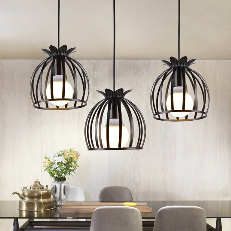 3 Heads Pendant Lighting with Dome Cage Shade Metallic Loft Style Dining Room Suspended Lamp in Black/White