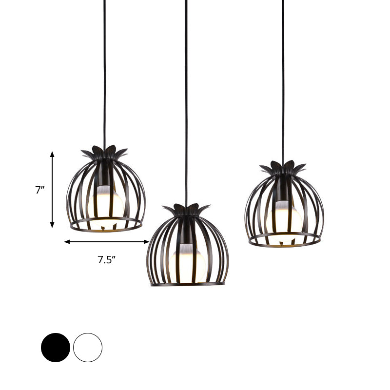 3 Heads Pendant Lighting with Dome Cage Shade Metallic Loft Style Dining Room Suspended Lamp in Black/White