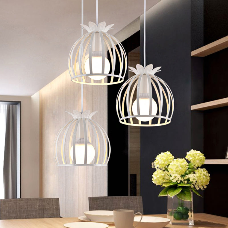 3 Heads Pendant Lighting with Dome Cage Shade Metallic Loft Style Dining Room Suspended Lamp in Black/White
