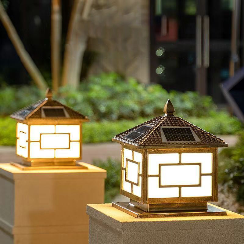 Metal Rectangle Shape Solar Pillar Lamp Modern 1 Light Waterproof Outdoor Light