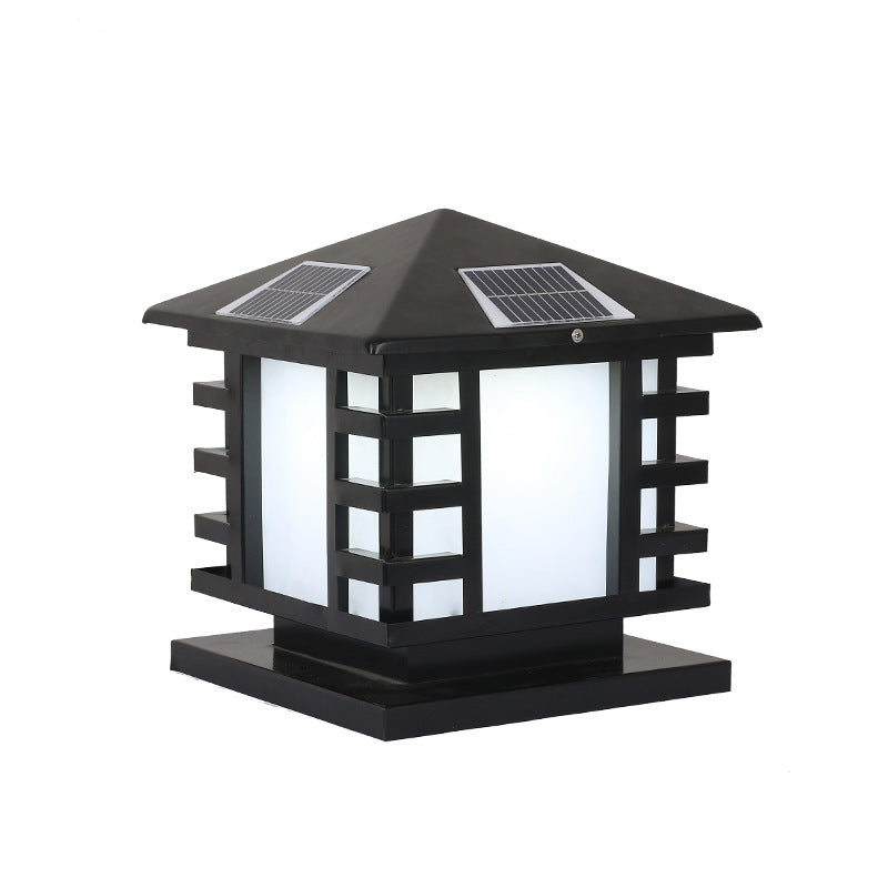 Metal Rectangle Shape Solar Pillar Lamp Modern 1 Light Waterproof Outdoor Light in Black