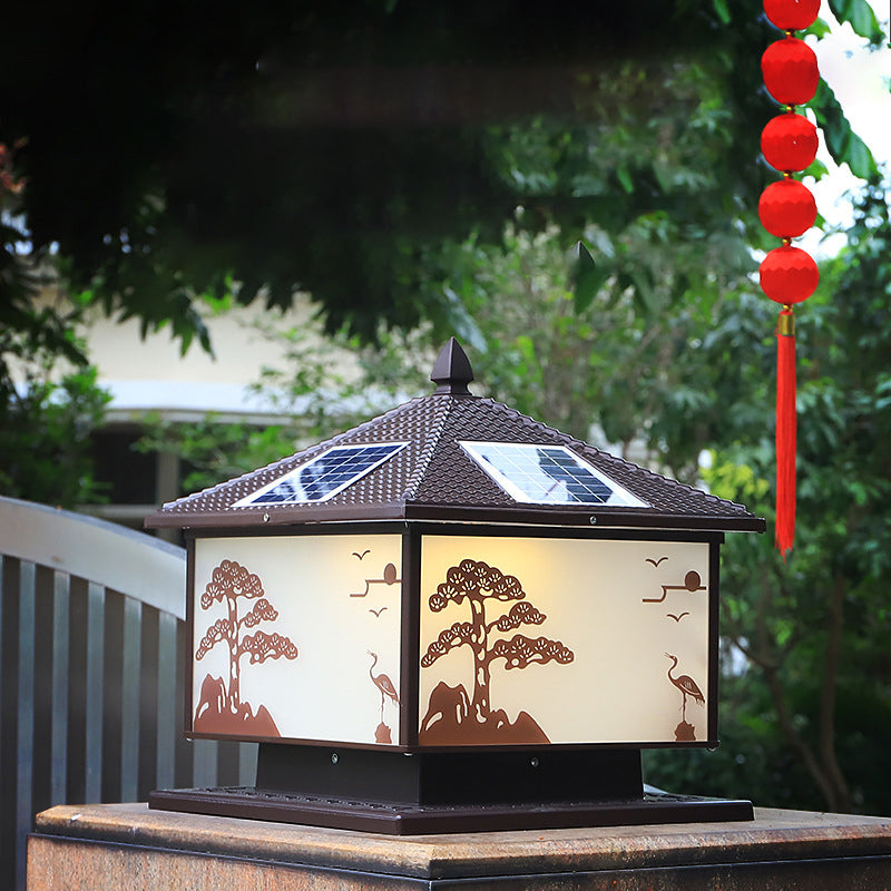 Metal Rectangle Shape Solar Pillar Lamp Modern Style 1 Light Waterproof Outdoor Light