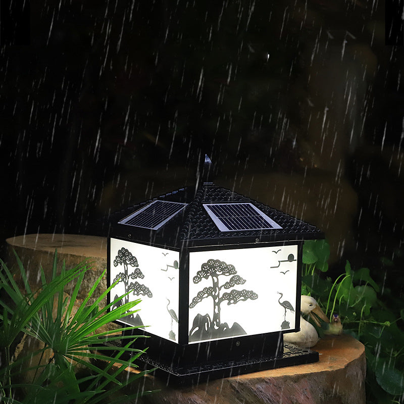 Metal Rectangle Shape Solar Pillar Lamp Modern Style 1 Light Waterproof Outdoor Light