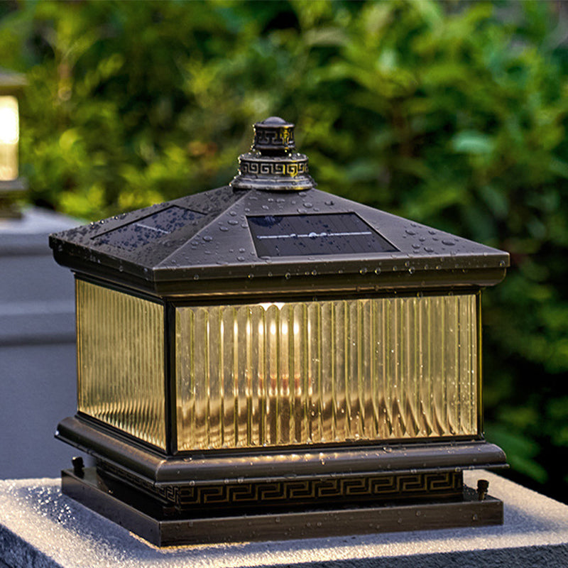 Rectangle Shape Metal Solar Pillar Lamp Modern Style 1 Light Outdoor Light in Bronze