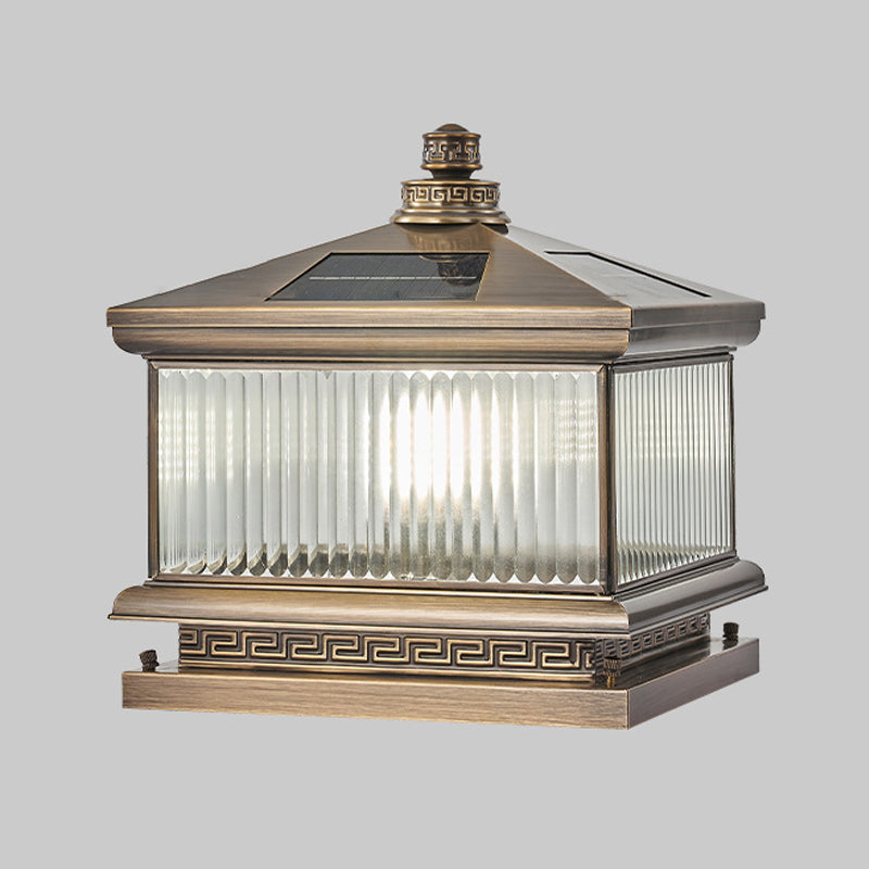 Rectangle Shape Metal Solar Pillar Lamp Modern Style 1 Light Outdoor Light in Bronze