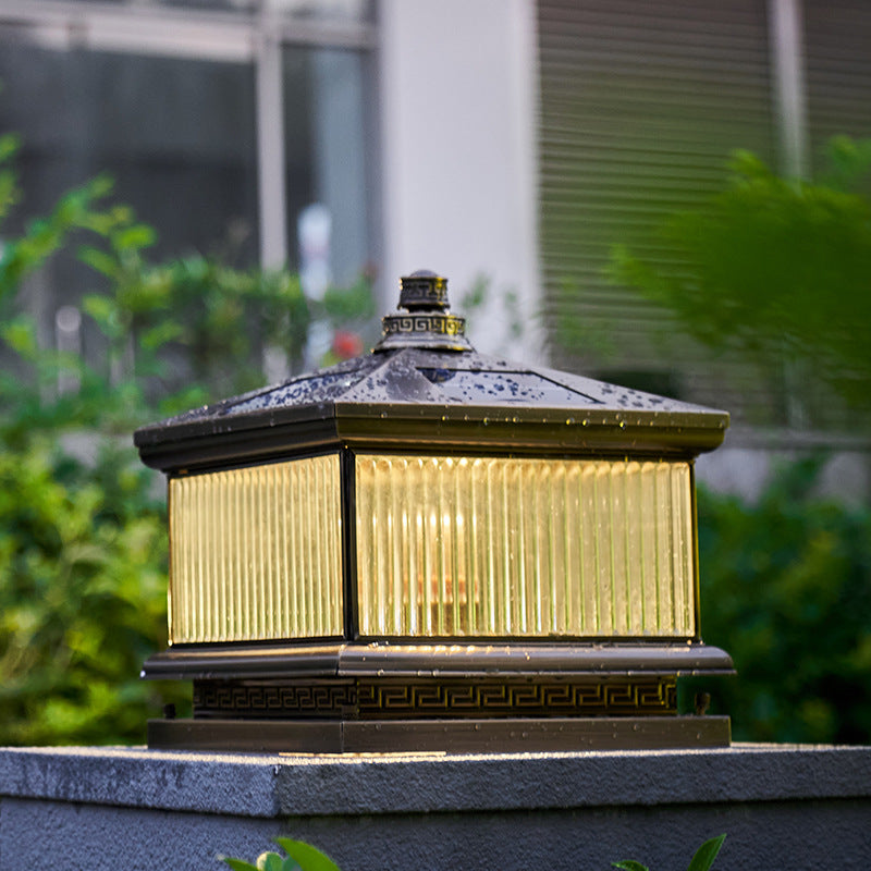 Rectangle Shape Metal Solar Pillar Lamp Modern Style 1 Light Outdoor Light in Bronze