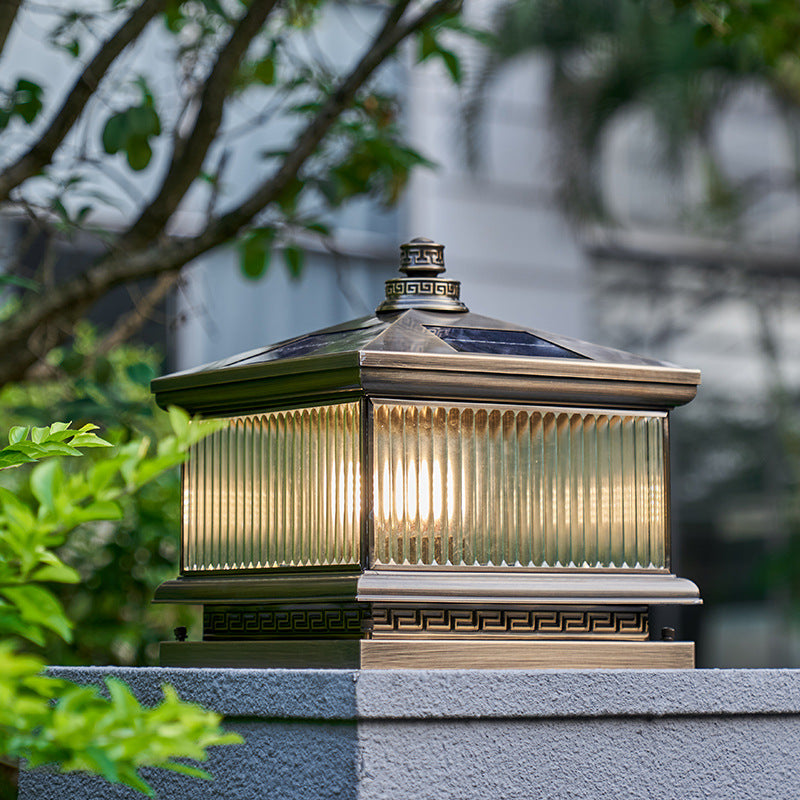 Rectangle Shape Metal Solar Pillar Lamp Modern Style 1 Light Outdoor Light in Bronze