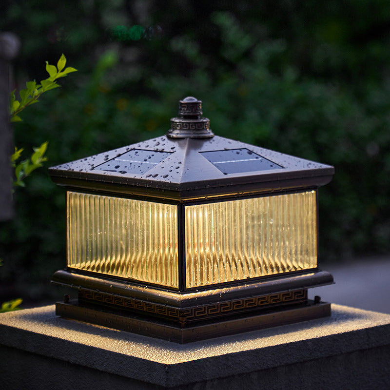 Rectangle Shape Metal Solar Pillar Lamp Modern Style 1 Light Outdoor Light in Bronze