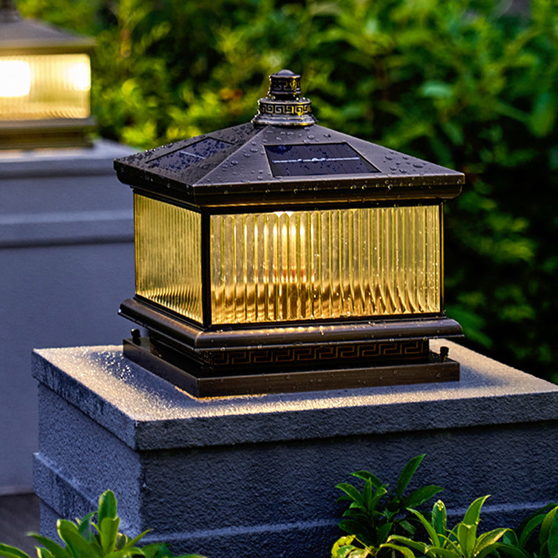 Rectangle Shape Metal Solar Pillar Lamp Modern Style 1 Light Outdoor Light in Bronze