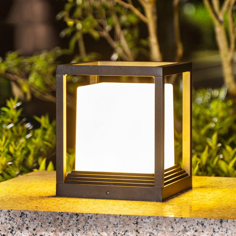 Rectangle Shape Metal Waterproof Pillar Lamp Modern Style 1 Light Outdoor Light in Black