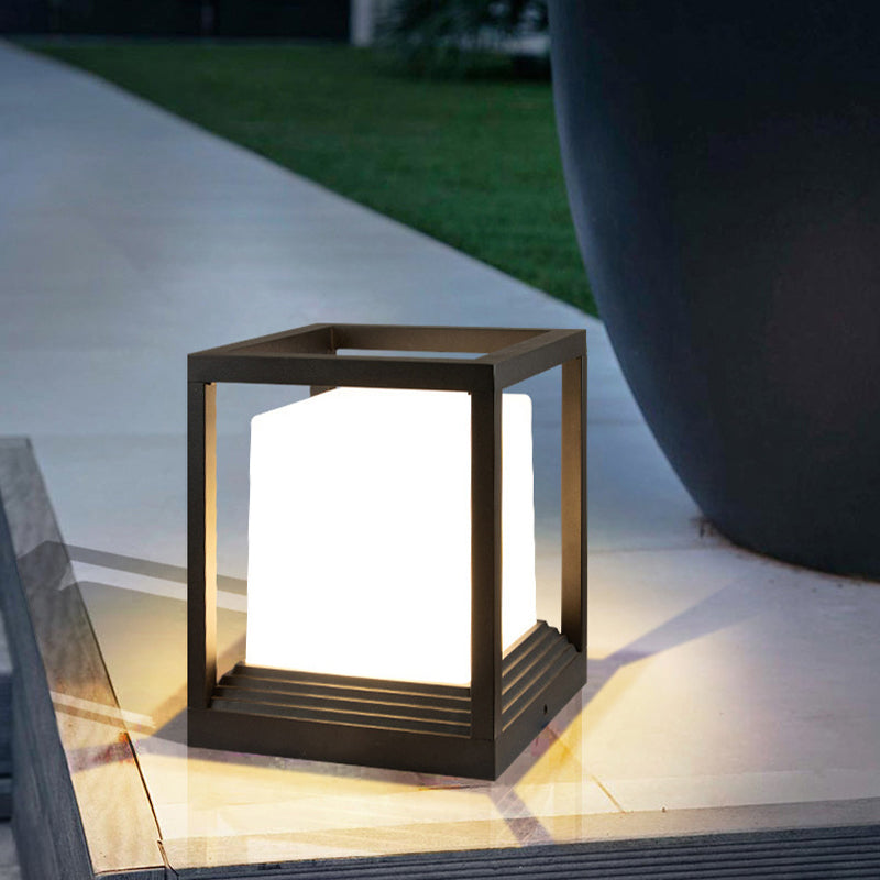 Rectangle Shape Metal Waterproof Pillar Lamp Modern Style 1 Light Outdoor Light in Black