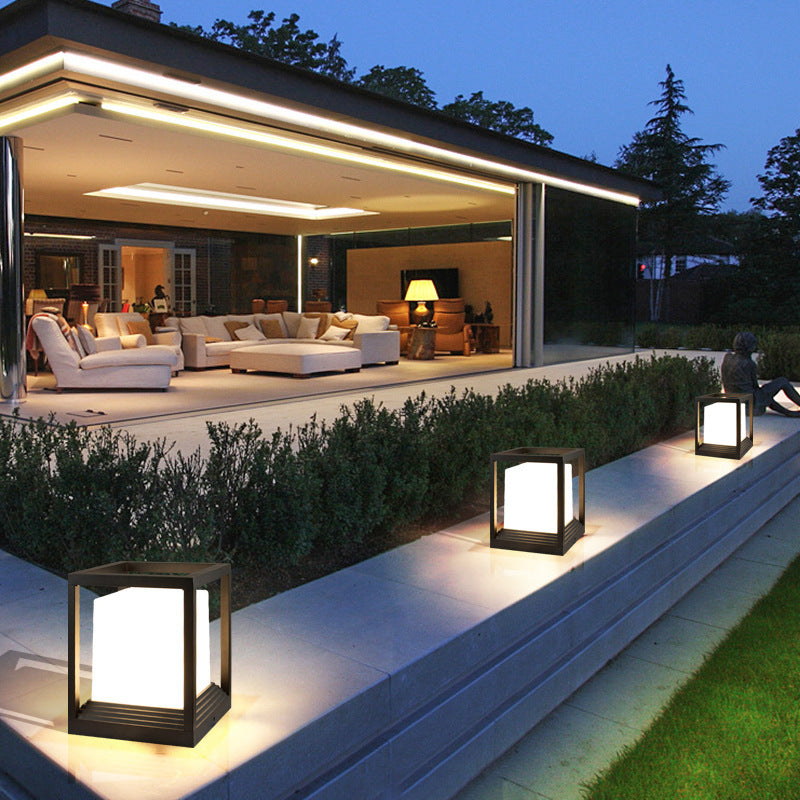 Rectangle Shape Metal Waterproof Pillar Lamp Modern Style 1 Light Outdoor Light in Black