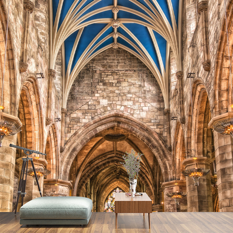 Church Construction Pattern Mildew Wall Mural Horizontalt for Living Room