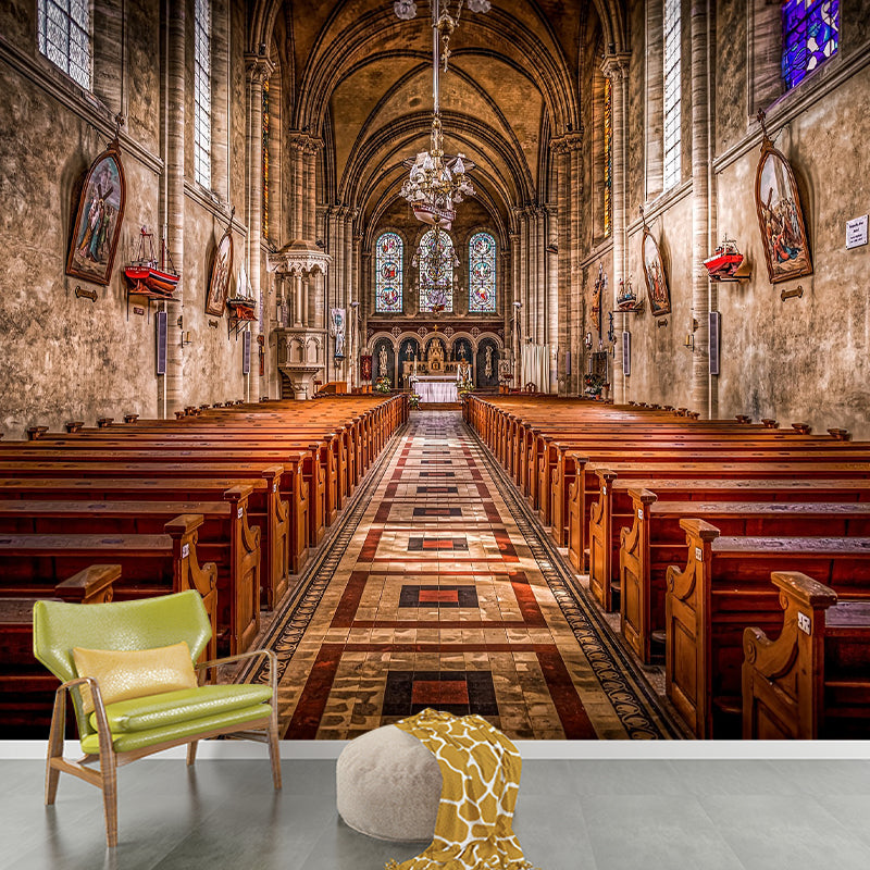 Church Construction Pattern Mildew Wall Mural Horizontalt for Living Room