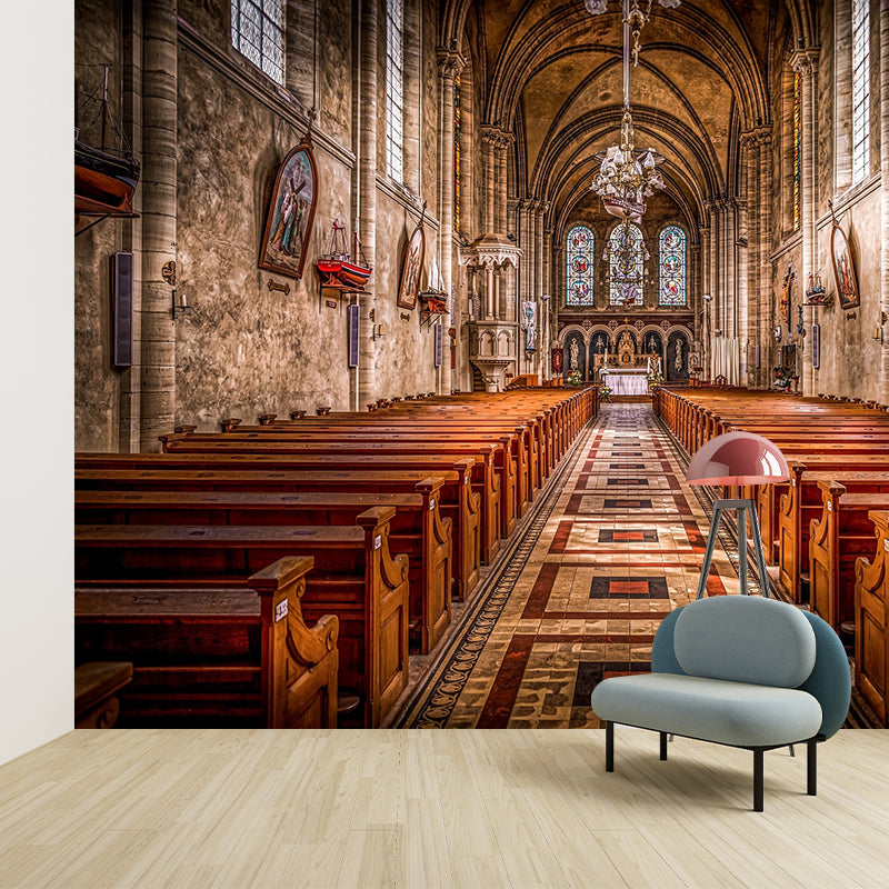 Church Construction Pattern Mildew Wall Mural Horizontalt for Living Room