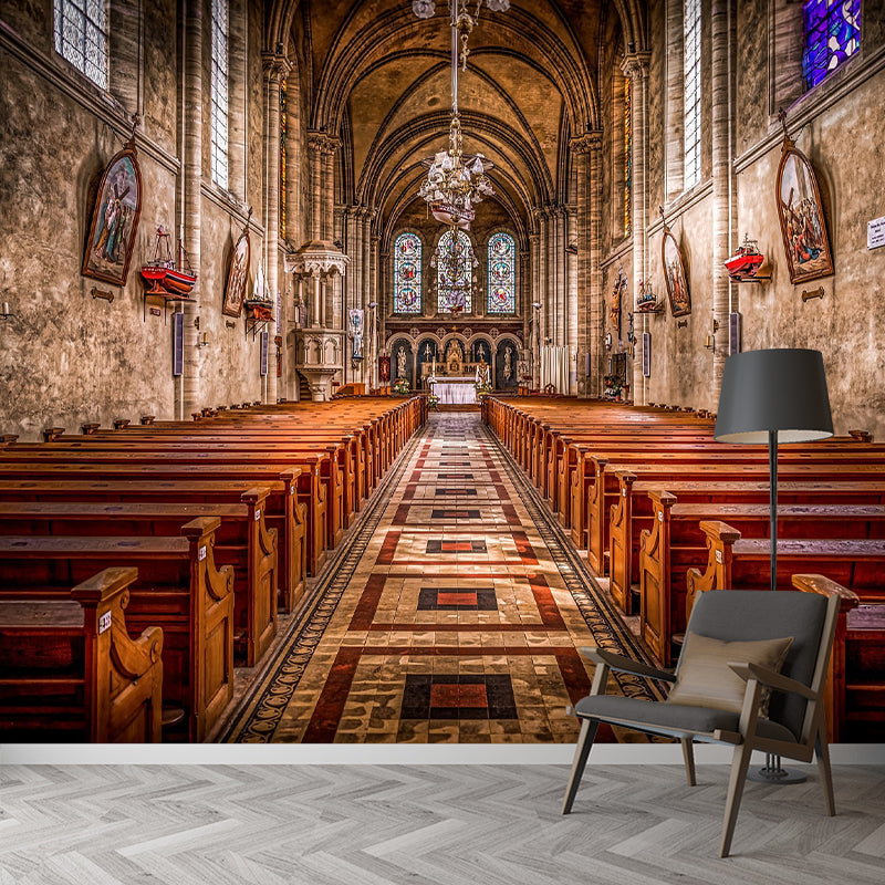 Church Construction Pattern Mildew Wall Mural Horizontalt for Living Room
