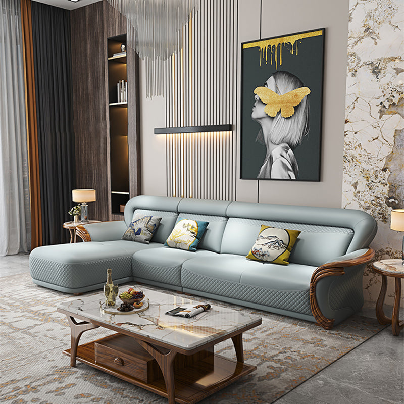 Solid Wood Contemporary Genuine Leather Flared Arm Sofa with Pillows