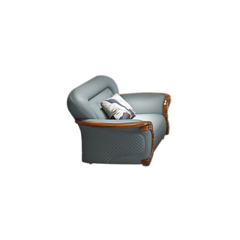 Solid Wood Contemporary Genuine Leather Flared Arm Sofa with Pillows